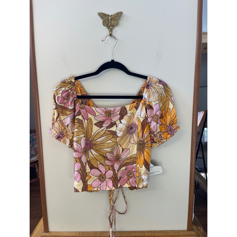 Angie Floral Crop Top Women Small Yellow NWT Retro Boho Lace Up Back